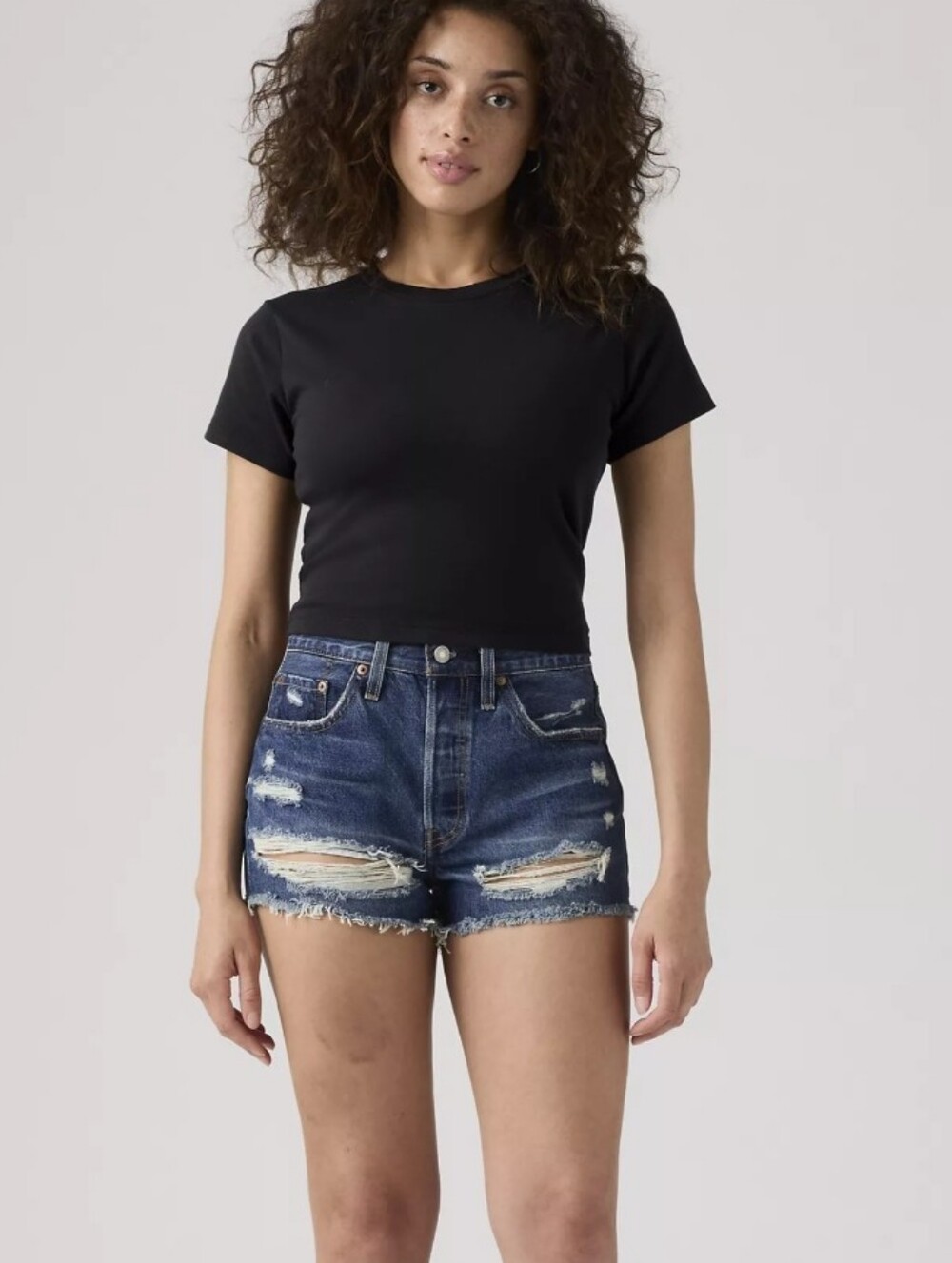 STUNNING LEVIS 501 ORIGINAL FIT DISTRESSED HI RISE DARK WASH JEAN SHORTS